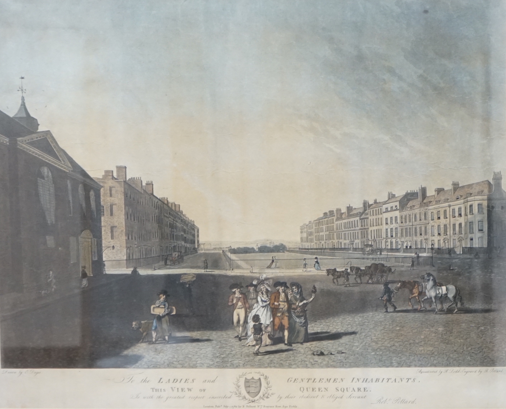 After Edward Dayes (1763–1804), aquatint and engraving, View of Queen Square, published 1st July 1789 by R. Pollard, London, Gallery label verso, 44 x 53cm